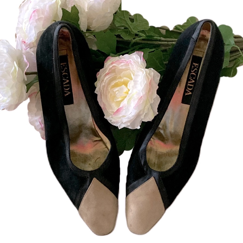Vintage ESCADA Black Beige Nude Suede Heels